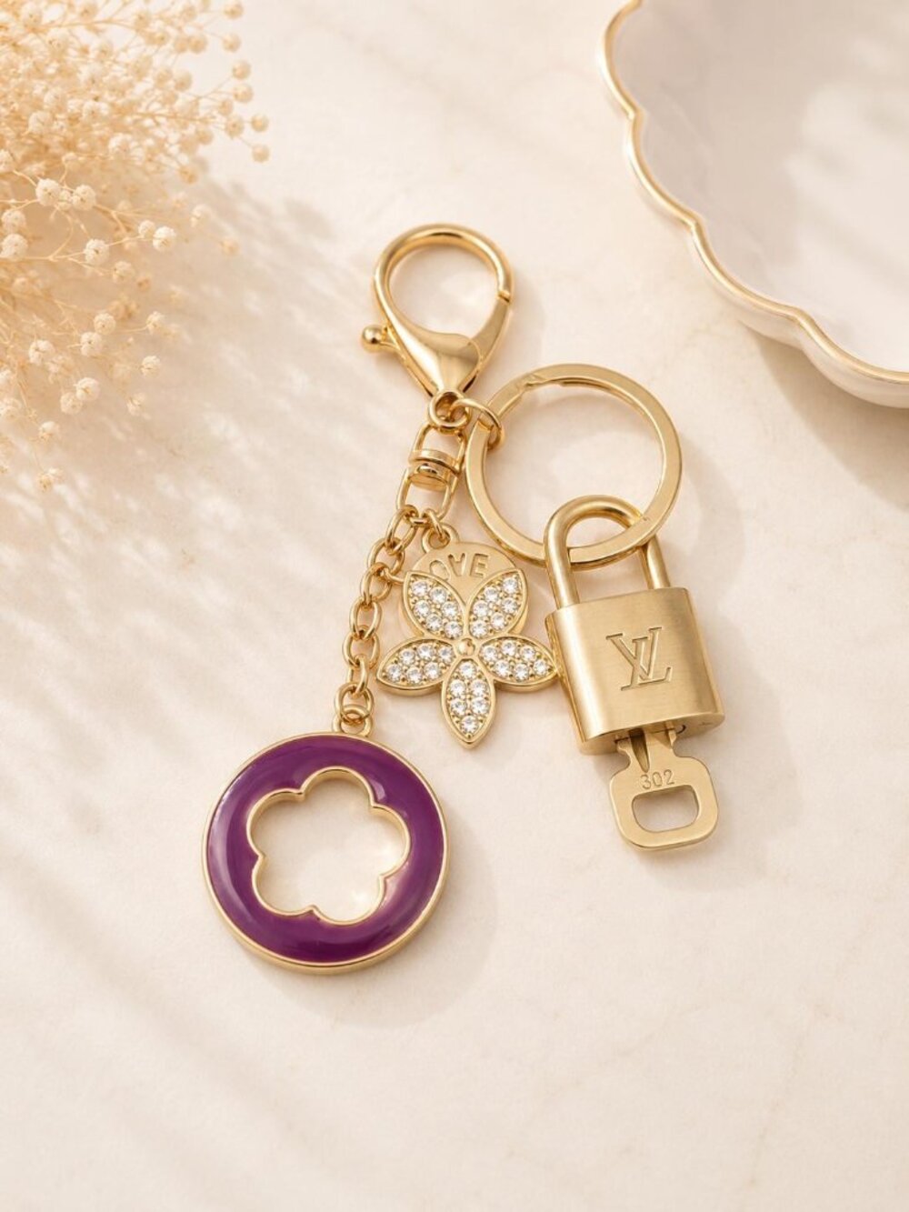 Authentic Louis Vuitton Gold Lock & Key 🔑 Bag Charm w/ Unbranded Flower Charm
